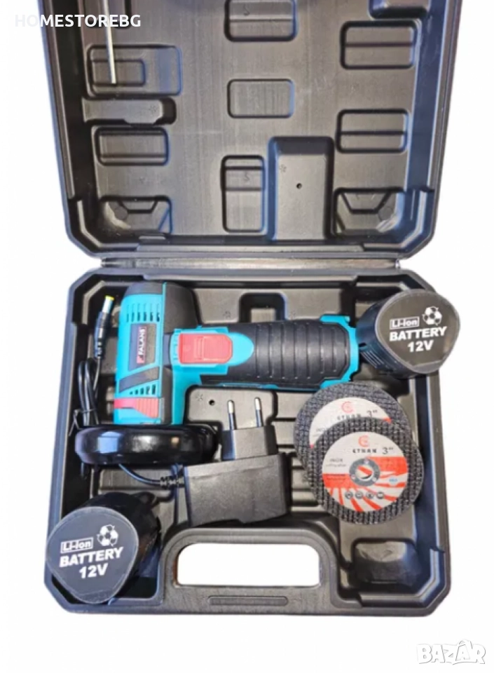 Акумулаторен ъглошлайф 12V - Компактен, мощен и удобен С две батерии 12v компактна опаковка, снимка 1