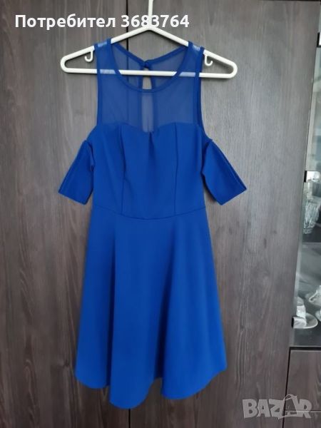 Официална синя рокля с паднали ръкави и прозрачно деколте, снимка 1