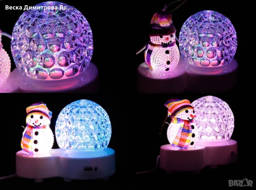 Коледна LED лампа сфера с коледна фигура на Снежен човек и многоцветна светлина, снимка 1