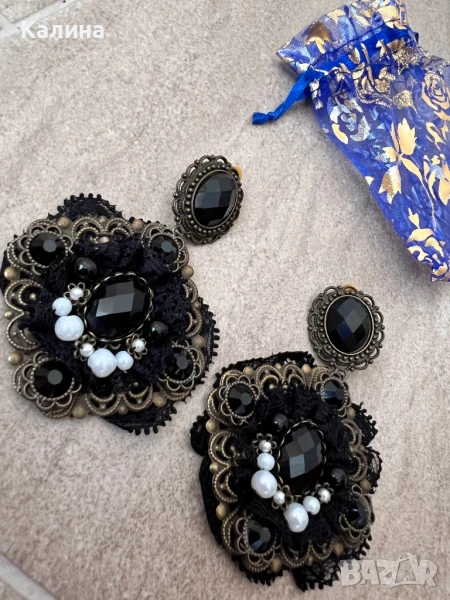 ЧИСТО НОВИ Ръчно изработени обеци в черно , снимка 1