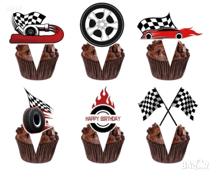24 бр Рали Формула къси остри картонени топери за торта мъфини кексчета парти рожден, снимка 1
