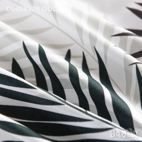 Мек и приятен спален комплект 180x220 бял с черни листа 4 части, снимка 4 - Спално бельо - 53899256