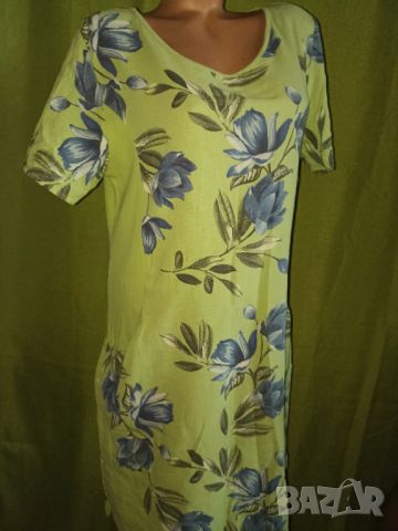 Италианска 100% памучна рокля в неоновозелено с цветя L, снимка 2 - Рокли - 46328916