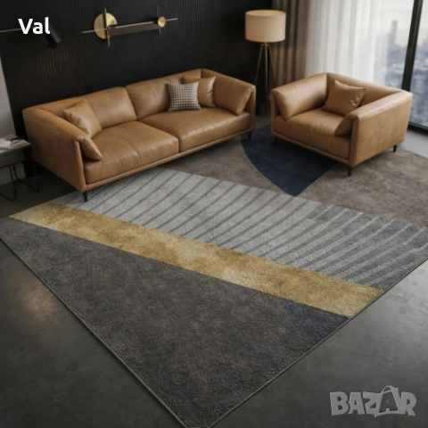 Модерен килим за хол 120х160см - Сиво с диагонална златна лента и 3D ефект, Противоплъзгащ, снимка 3 - Килими - 53932653