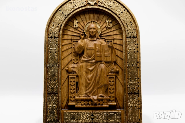 Исус Христос на трон – позлатена релефна икона от масивен дъб, снимка 5 - Икони - 53222686