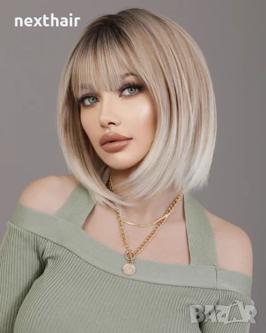 Пепеляво руса къса омбре перука с тъмни корени и светли краища с бретон, снимка 2 - Аксесоари за коса - 50656622