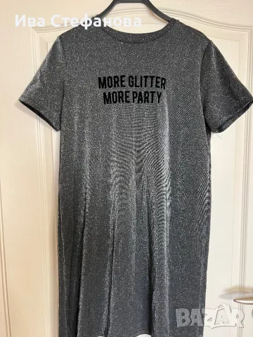 Esprit  T-shirt Dress t shirt рокля тениска Glitter Party сива бласкава официална парти ламе брокат , снимка 6 - Рокли - 46990942