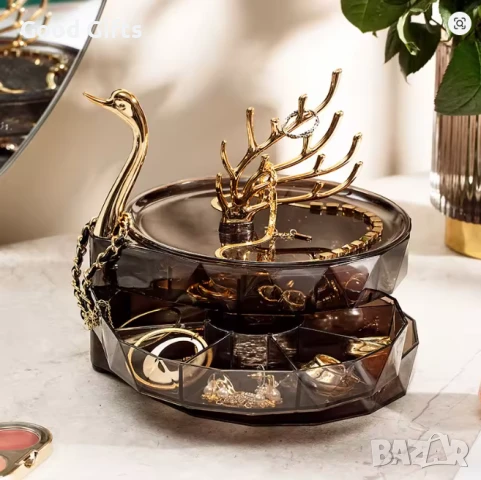 Луксозна въртяща се кутия за бижута Лебед и стойка за пръстени