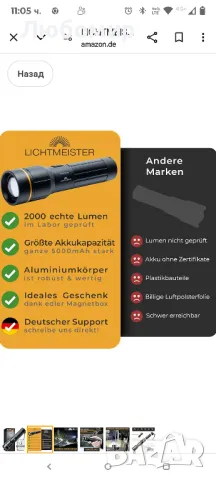 LICHTMEISTER® LED акумулаторно фенерче, 2000 лумена, 5000 mAh батерия, изключително ярка

, снимка 6 - Екипировка - 49856197