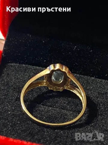 Изтънчен златен пръстен с gemstone и 4 диаманта – 9 карата, 1.88 г, размер 58, снимка 6 - Пръстени - 50181498