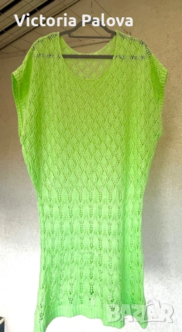 Ефектна памучна плажна рокля- туника цвят лайм  CROCHET , снимка 12 - Рокли - 54260084