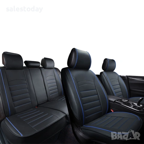 Кожена Тапицерия за кола, Калъфи за седалки 5 части, черно/ син кант