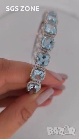 СРЕБЪРНА ГРИВНА ОТ ТАЙЛАНД С НЕБЕСНОСИН ТОПАЗ И РОДИЕВО ПОКРИТИЕ, снимка 8 - Гривни - 52453619