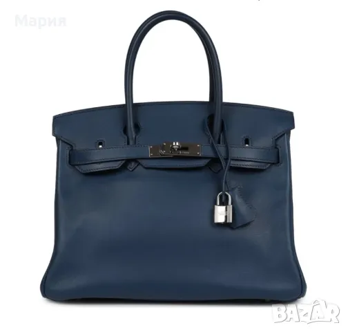 Голяма бизнес “Биркин/Birkin” Хермес/Hermes чанта от естествена кожа тъмно синя, снимка 1