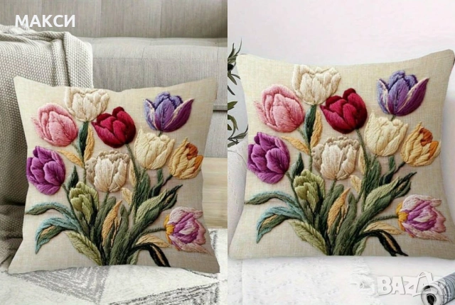 Комплект от 2 бр. декоративни калъфки за възглавници с ципче в красив десен с 3Д лалета - мека гладк