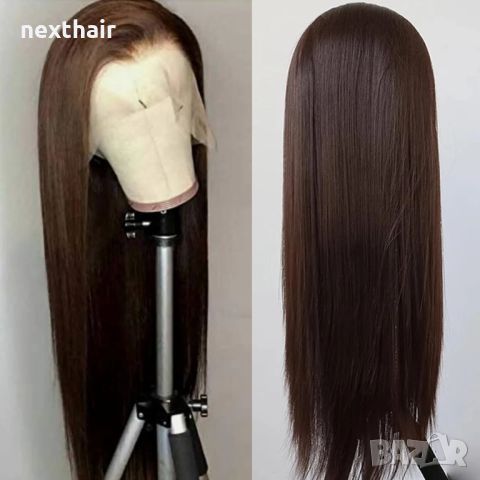 Кафява права лейс фронт перука Lace front 70 см, снимка 4 - Аксесоари за коса - 46729699