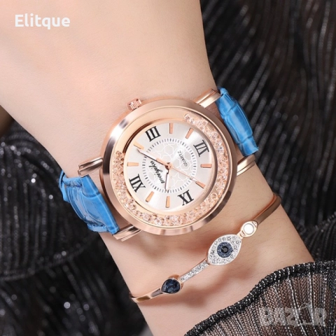 Дамски ръчен часовник с кръгъл циферблат с камъни и к. каишка. бял, червен, лилав, син, черен, розов, снимка 4 - Дамски - 52819449