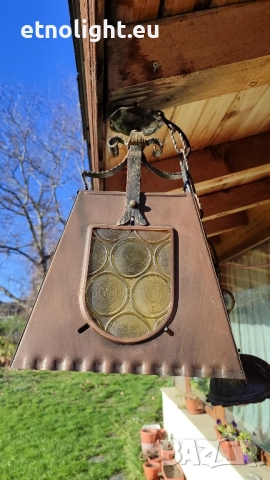 Старинни полилеи съчетание на метални капаци в меден цвят, елементи на ковано желязо и стъкла, снимка 6 - Полилеи - 52541226