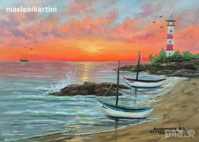 Морски залез и две лодки маслена картина 