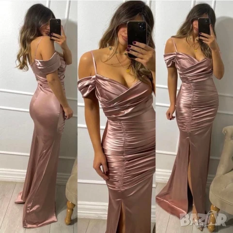 ⚜️Дълги сатенени рокли по тялото с разчупена кройка  