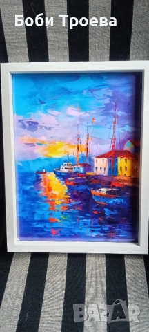 Модерна Стенна Декорация с Рамка -Спокойни Лодки и Сграда, снимка 2 - Картини - 51974318