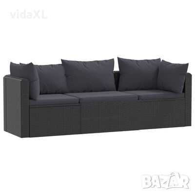 vidaXL Градински комплект с възглавници, 3 части, полиратан, черен(SKU:47267
