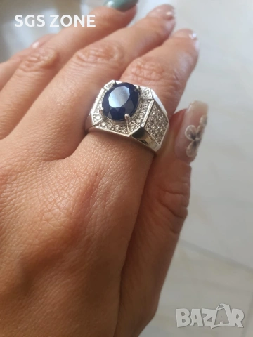 Мъжки сребърен пръстен със сапфир, снимка 4 - Пръстени - 53366820