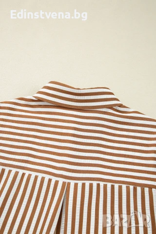 Дамска рокля тип риза на райе в кафяво и бяло, снимка 5 - Рокли - 50849708