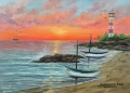 Морски залез и две лодки маслена картина , снимка 1