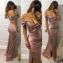 ⚜️Дълги сатенени рокли по тялото с разчупена кройка  , снимка 1