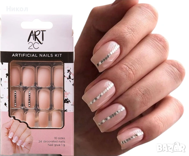 Комплект изкуствени нокти Art 2C в прасковен цвят с декорация от кристали, снимка 1