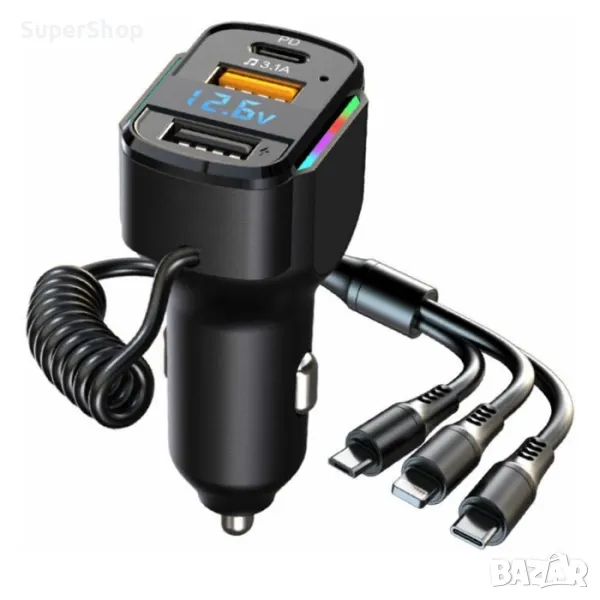 Бързо зарядно за кола с 3 USB порта и кабел за заплака 12v телефон, снимка 1