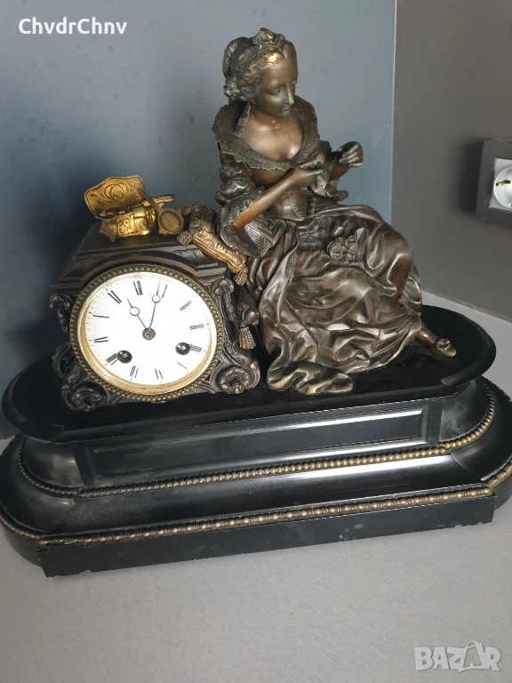 Франция 1800-те/42см-14кг стар френски каминен часовник/бронзова фигура-мрамор, снимка 1