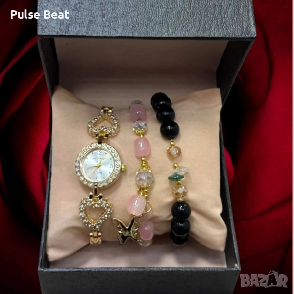 Подаръчен дамски комплект от часовник с камъни цирконии и два броя гривни, снимка 1