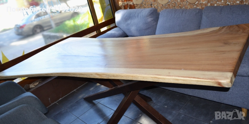 МАСА масив, Дъждовно дърво, със „жив ръб“, цяло парче, стоманена основа, снимка 1