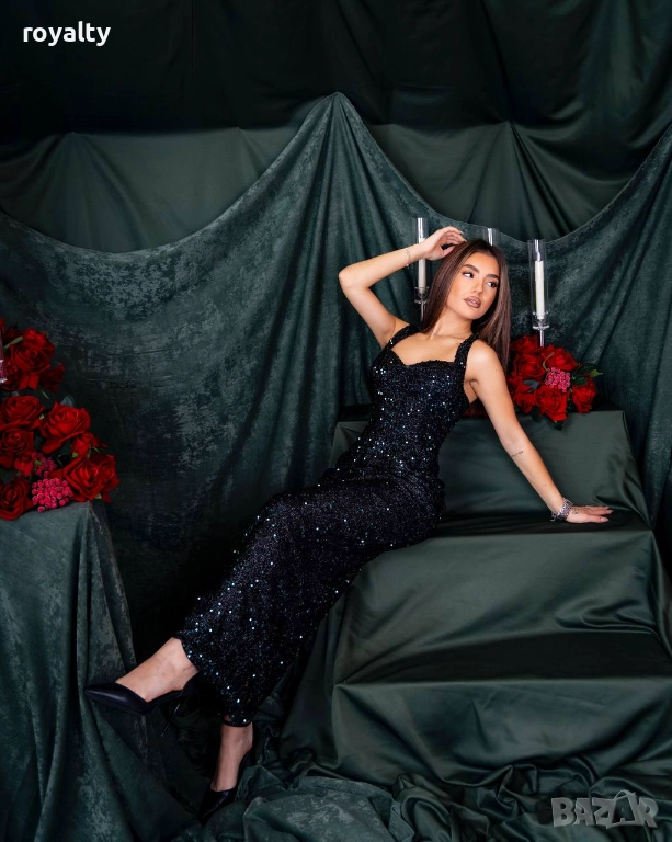 Пайетена Рокля в Тъмно Зелен Цвят, снимка 1