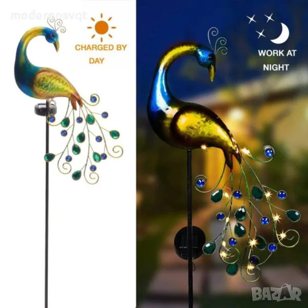 Градинска соларна лампа Паун в топла бяла светлина и соларен панел, снимка 1