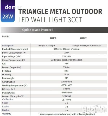 Bright Source Outdoor 28w вградена LED триъгълна метална стенна лампа, фотоклетка, IP65, 3300lm, снимка 4 - Лед осветление - 45746255