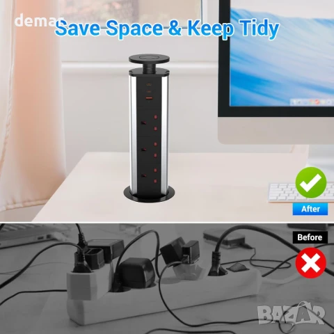 Hanstore Pop Up Socket Издърпващ се разклонител с 3 гнезда, 2 Type-C и 1 USB порт за зареждане, снимка 6 - Други стоки за дома - 50592850