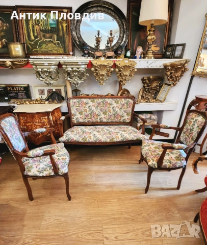 Антикварна гарнитура – диван с две кресла, жакард, снимка 2 - Дивани и мека мебел - 52849491