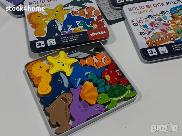 Дървен пъзел Woody Забележителни животни в метална кутия, 12 части