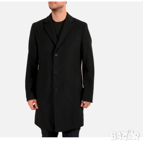 Мъжко черно вълнено кашмирено палто Hugo Boss "Stratus3" с нормална кройка размер М-Л 