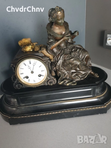 Франция 1800-те/42см-14кг стар френски каминен часовник/бронзова фигура-мрамор