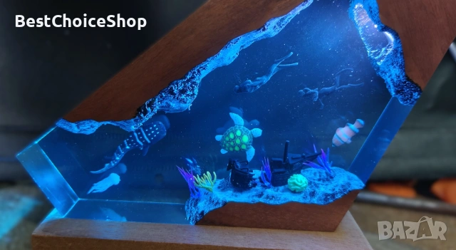 3D смола океански живот, нощна лампа с дървена основа – Многоцветна, снимка 5 - Декорация за дома - 53200533