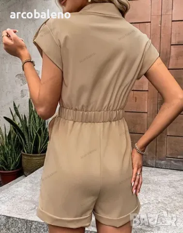 Дамски къс гащеризон с колан, висока талия и ревер., снимка 4 - Гащеризони - 49329507