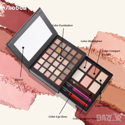 Комплект грим Miss Rose – 30 сенки + руж, хайлайтър и аксесоари, снимка 12 - Декоративна козметика - 53912389