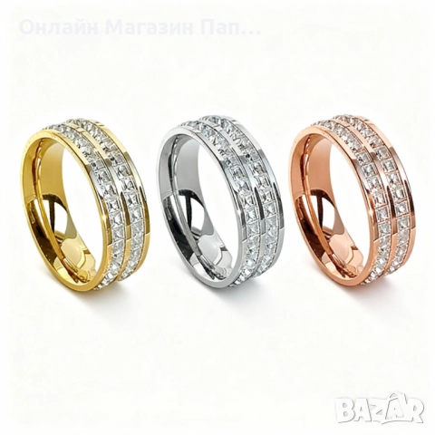 Луксозен двуредов пръстен халка от неръждаема стомана с циркони – 8мм