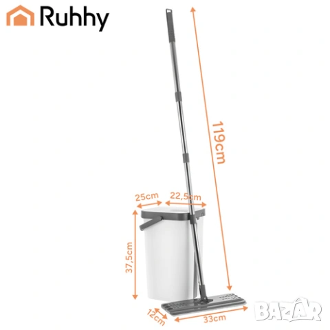 Плосък моп с кофа за отцеждане / Микрофибърен моп за под + 3 подложки, снимка 6 - Други стоки за дома - 53503174