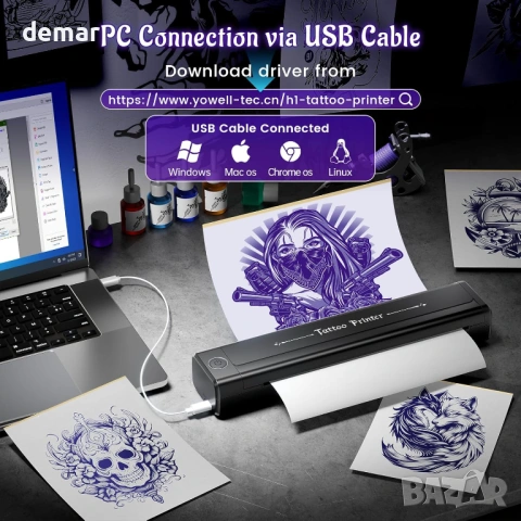 Принтер за татуировки Yowell H1, 10 листа трансферна хартия, черен, снимка 4 - Принтери, копири, скенери - 53382697