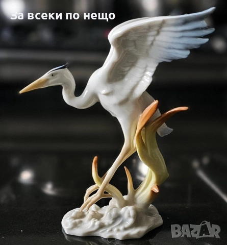 Hutschenreuther Achtziger Germany Porcelain Heron / Crane Bird “Жеръвът” Код P2239, снимка 2 - Колекции - 54232878